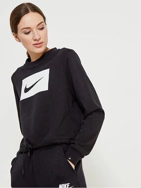 Nike Cropped Crew Crop Sweatshirt Black with White Swoosh - Size XS